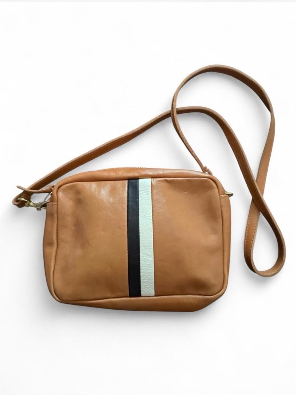 Clare V. Midi Sac in “Natural Rustique” tan leather with colorblock